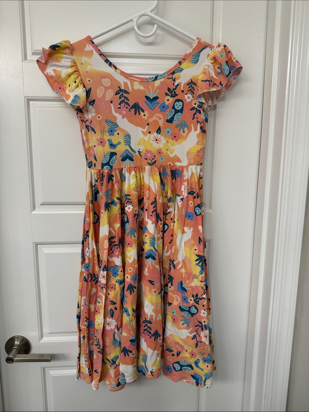 Dot Dot Smile Peach Floral Unicorn & Owl Print Dress